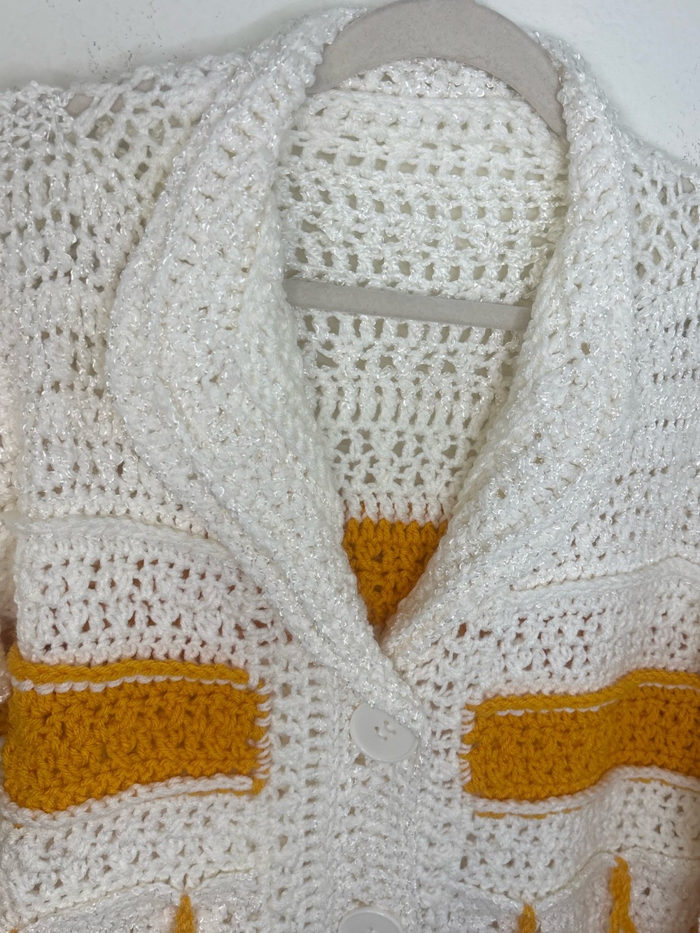 Handmade Knit Crochet Cardigan Sweater Mustard Yellow & Cream Boho - Picture 8 of 16